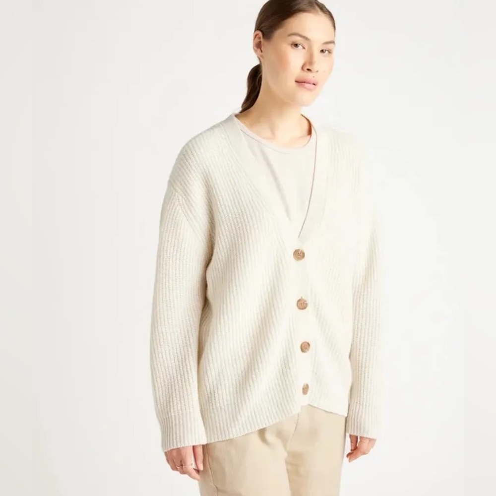Quince Mongolian Cashmere Boyfriend Cardigan Sweater, Ivory, M